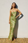 Adie Animal Print Strapless Satin Side Slit Maxi Dress - Green/Cream