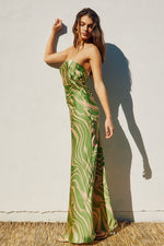 Adie Animal Print Strapless Satin Side Slit Maxi Dress - Green/Cream