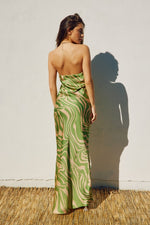 Adie Animal Print Strapless Satin Side Slit Maxi Dress - Green/Cream