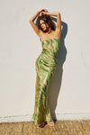 Adie Animal Print Strapless Satin Side Slit Maxi Dress - Green/Cream