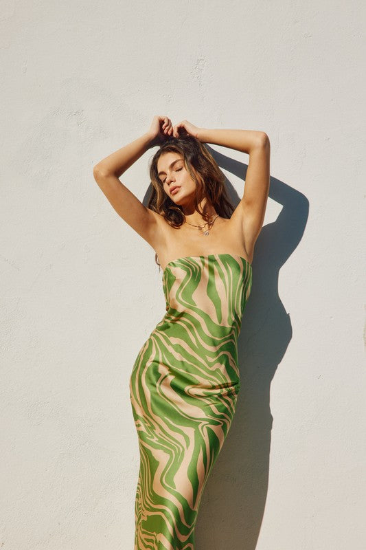 Adie Animal Print Strapless Satin Side Slit Maxi Dress - Green/Cream