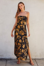 Adie Floral Strapless Satin Side Slit Maxi Dress - Black/Gold