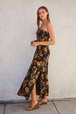 Adie Floral Strapless Satin Side Slit Maxi Dress - Black/Gold