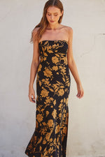 Adie Floral Strapless Satin Side Slit Maxi Dress - Black/Gold