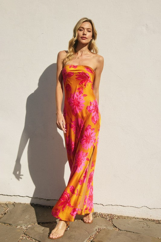 Adie Floral Strapless Satin Side Slit Maxi Dress - Tequila Sunrise