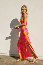 Adie Floral Strapless Satin Side Slit Maxi Dress - Tequila Sunrise