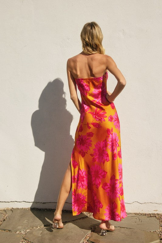 Adie Floral Strapless Satin Side Slit Maxi Dress - Tequila Sunrise