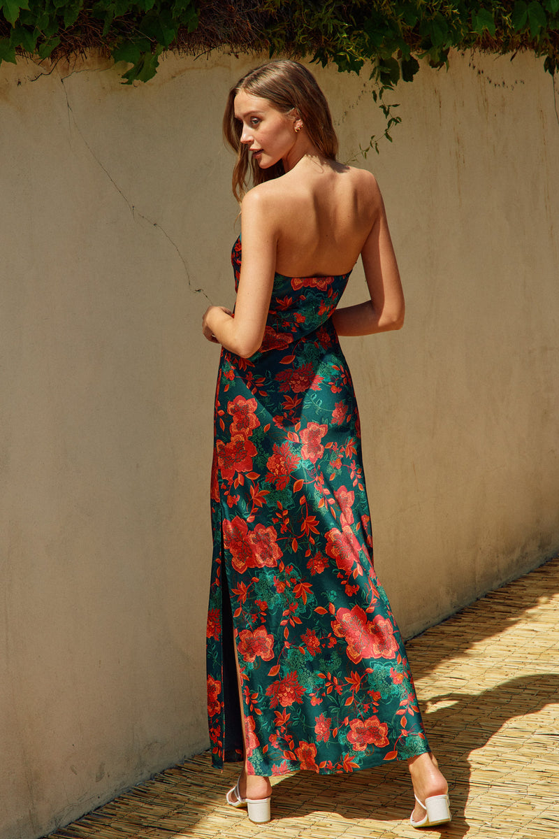 Adie Floral Strapless Satin Side Slit Maxi Dress - Green/Orange