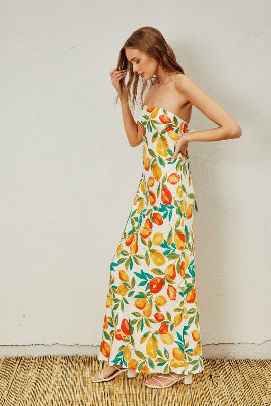 Gabbi Fruit Print Strapless Tie Back Maxi Dress