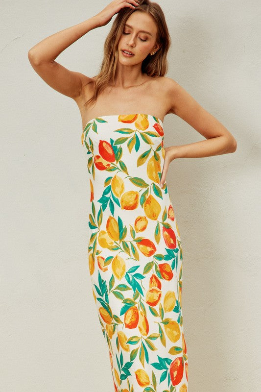 Gabbi Fruit Print Strapless Tie Back Maxi Dress