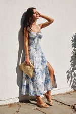 Raven Vintage Print Sweetheart Corset Midi Dress - Porcelain
