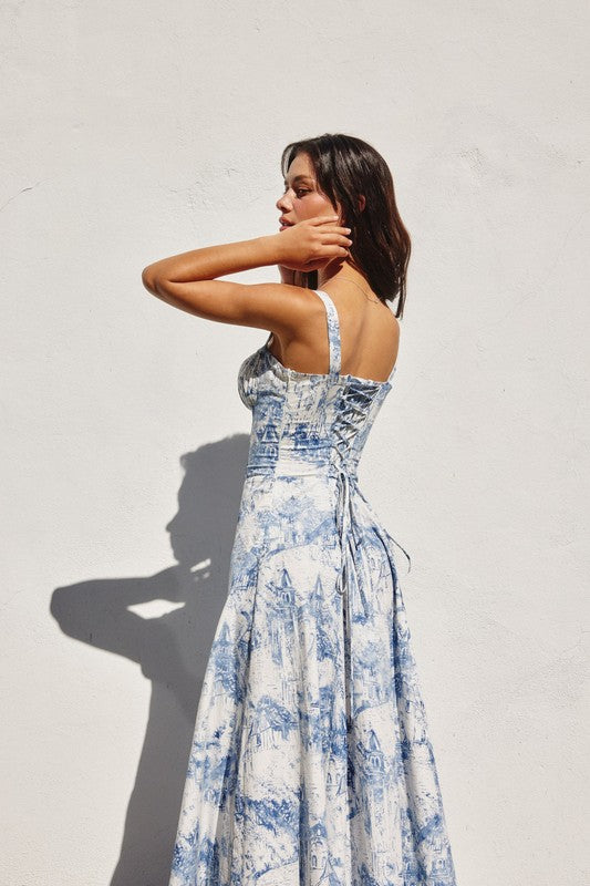 Raven Vintage Print Sweetheart Corset Midi Dress - Porcelain
