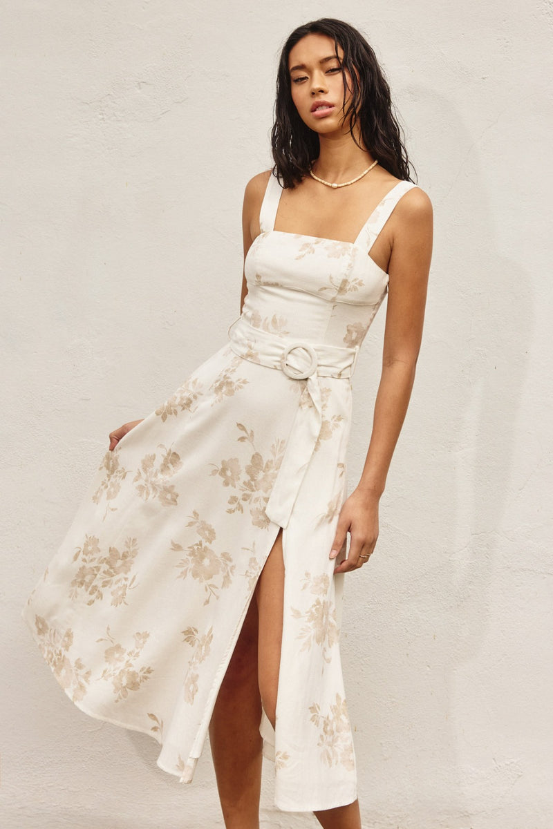 Ivania Sweetheart Floral Belted Linen Maxi Dress
