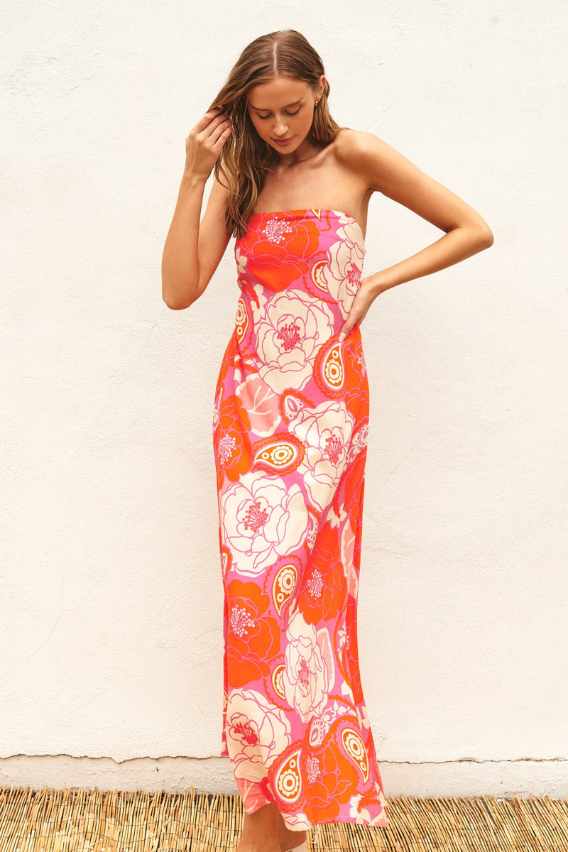 Felicity Strapless Tie Back Cowl Floral Maxi Dress