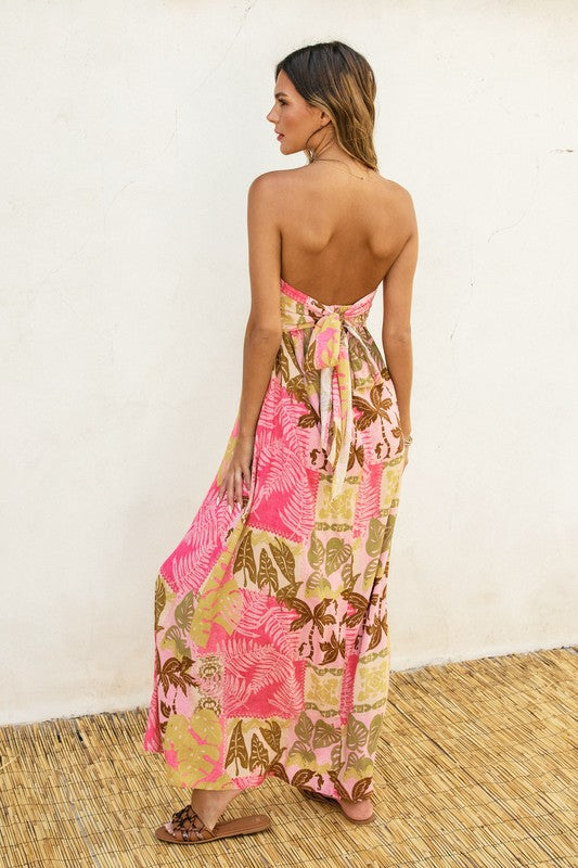 Nathalia Strapless Tie Back Maxi Dress - Pink/Green