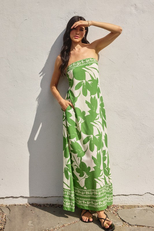 Nathalia Strapless Tie Back Maxi Dress - Green/Cream