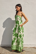 Nathalia Strapless Tie Back Maxi Dress - Green/Cream