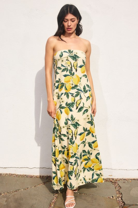Nathalia Strapless Tie Back Maxi Dress - Lemon
