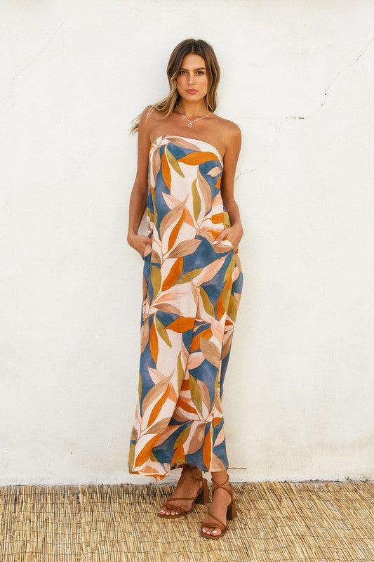 Nathalia Strapless Tie Back Maxi Dress - Blue/Rust/Olive