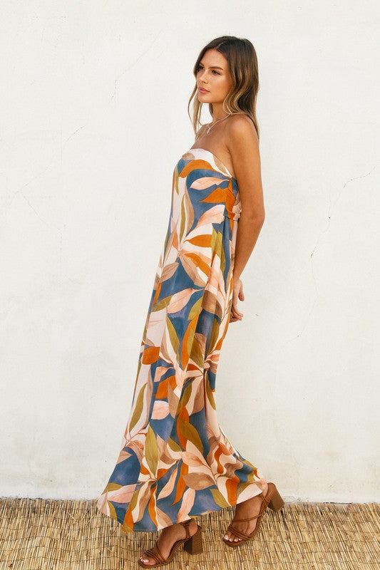 Nathalia Strapless Tie Back Maxi Dress - Blue/Rust/Olive