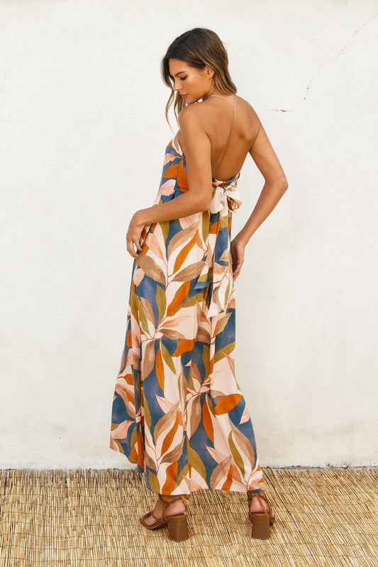 Nathalia Strapless Tie Back Maxi Dress - Blue/Rust/Olive