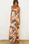 Nathalia Strapless Tie Back Maxi Dress - Blue/Rust/Olive