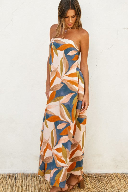Nathalia Strapless Tie Back Maxi Dress - Blue/Rust/Olive