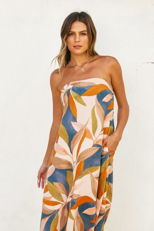 Nathalia Strapless Tie Back Maxi Dress - Blue/Rust/Olive