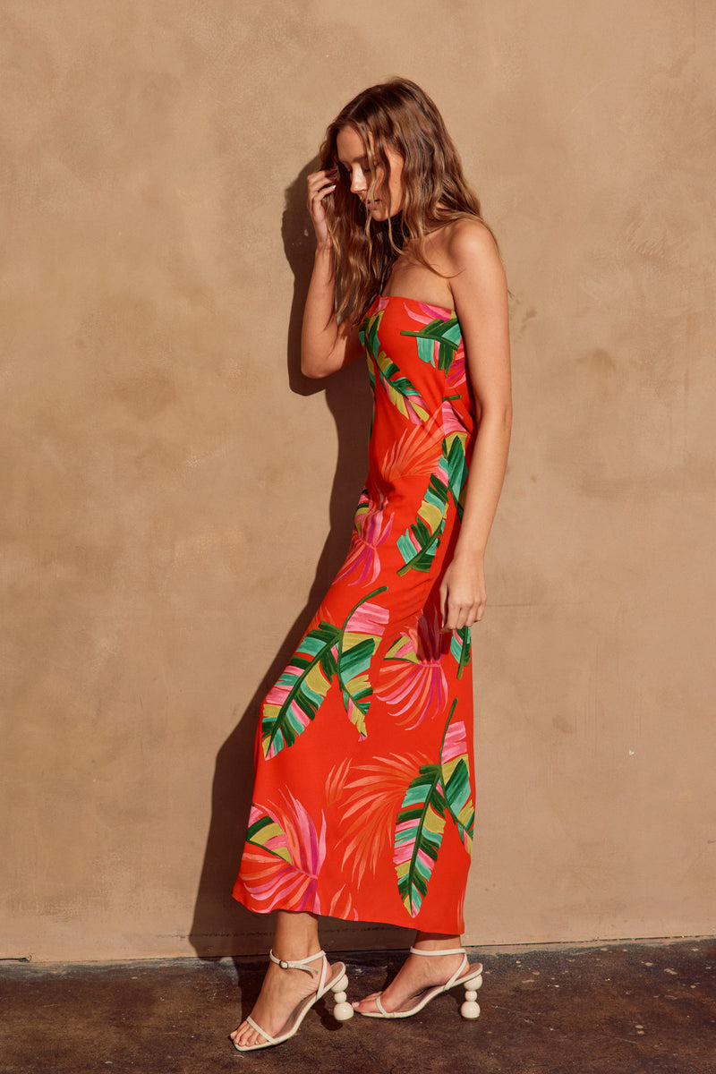 Gia Tropical Strapless Cowl Back Maxi Dress