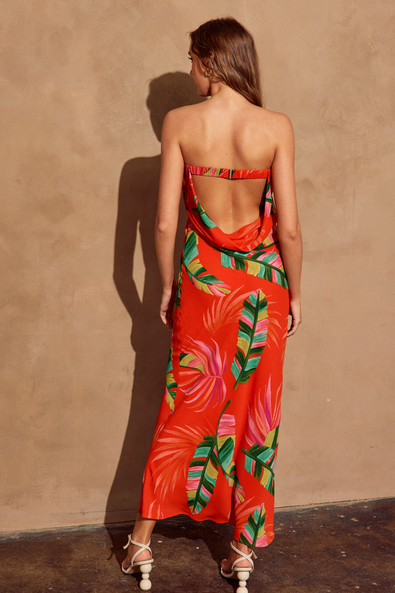 Gia Tropical Strapless Cowl Back Maxi Dress