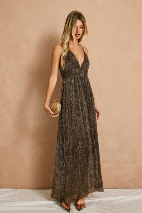 Marli Shimmer Plunging Cut Out Back Tie Maxi Dress
