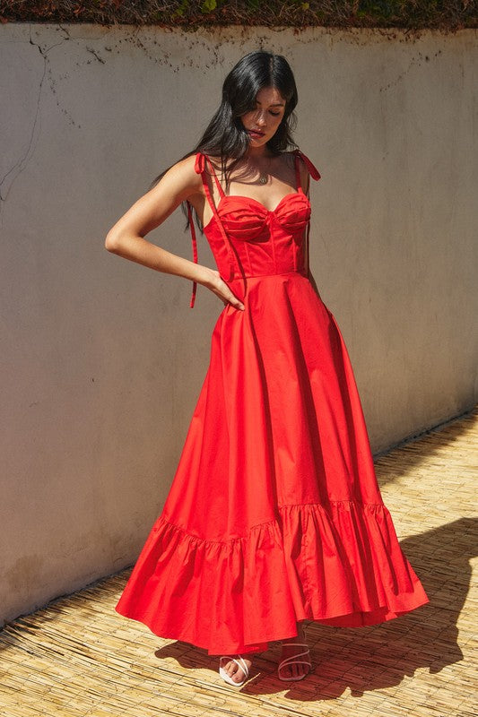 Allison Poplin Corset Shoulder Tie Ruched Detail Maxi Dress - Red - Restocking 4/25/25 ORDER NOW!