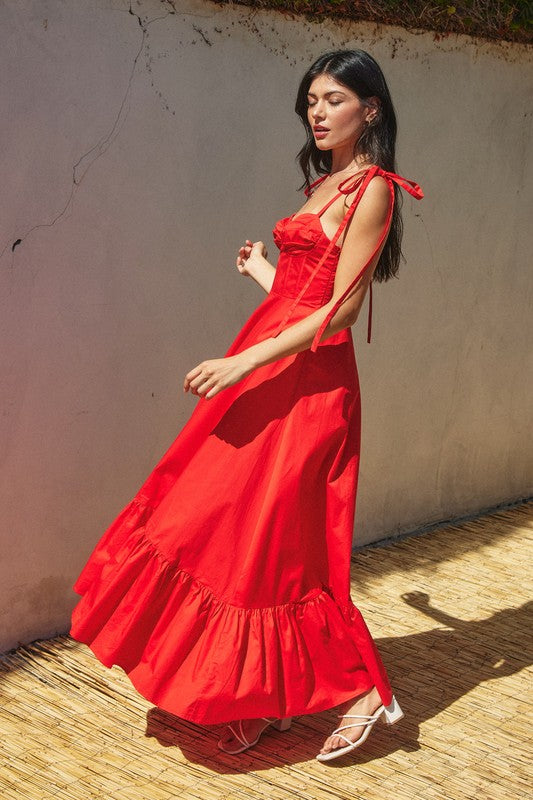 Allison Poplin Corset Shoulder Tie Ruched Detail Maxi Dress - Red - Restocking 4/25/25 ORDER NOW!