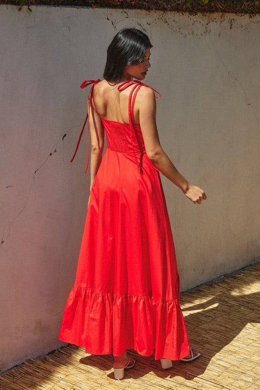 Allison Poplin Corset Shoulder Tie Ruched Detail Maxi Dress - Red - Restocking 4/25/25 ORDER NOW!