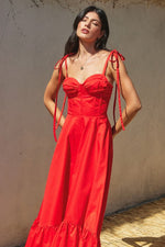 Allison Poplin Corset Shoulder Tie Ruched Detail Maxi Dress - Red - Restocking 4/25/25 ORDER NOW!