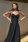 Allison Poplin Corset Shoulder Tie Ruched Detail Maxi Dress - Black