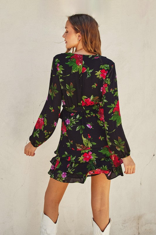 Lycia Long Sleeve Floral Waist Tie Mini Dress