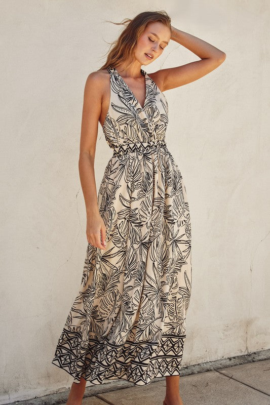 Torsten Leaf Print Criss Cross Back Midi Dress