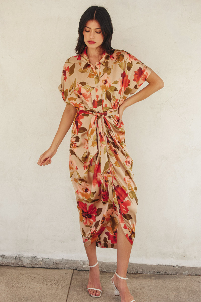 Anesha Floral Satin Tie Front Midi Dress