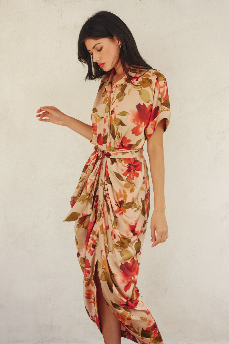 Anesha Floral Satin Tie Front Midi Dress