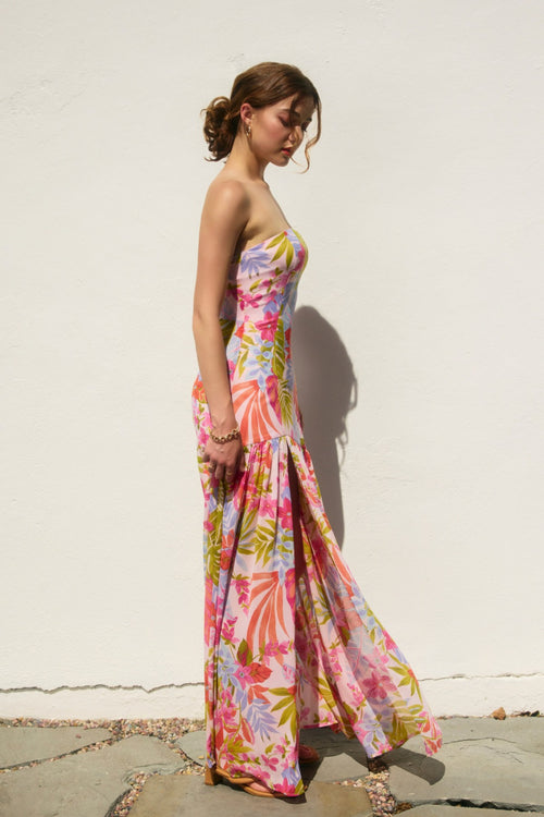 Morgan Floral Strapless Drop Waist Maxi Dress - Pink Floral