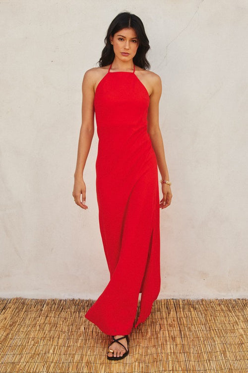 Darla Halter Open Back Side Slit Maxi Dress - Red