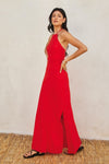 Darla Halter Open Back Side Slit Maxi Dress - Red