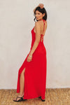 Darla Halter Open Back Side Slit Maxi Dress - Red