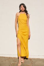 Darla Linen Halter Open Back Side Slit Maxi Dress - Marigold
