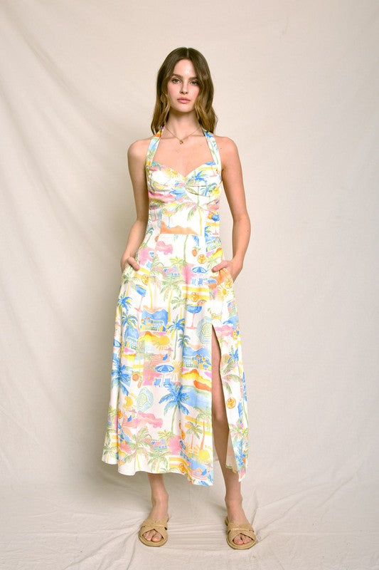 Dacia Coastal Print Halter Bustier Midi Dress