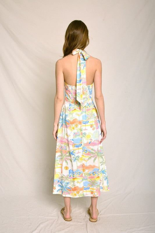 Dacia Coastal Print Halter Bustier Midi Dress