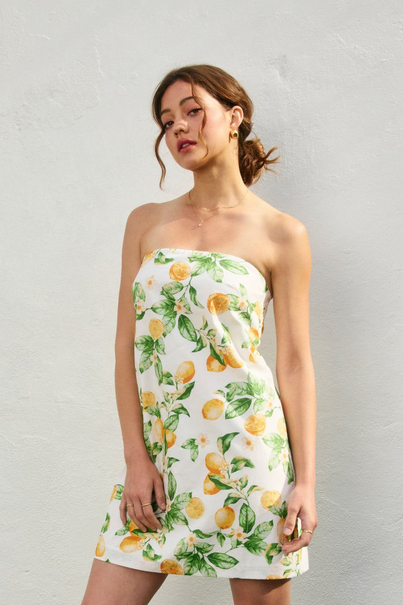 Carla Strapless Lemon Print Tie Back Mini Dress