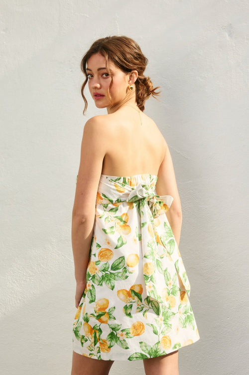 Carla Strapless Lemon Print Tie Back Mini Dress