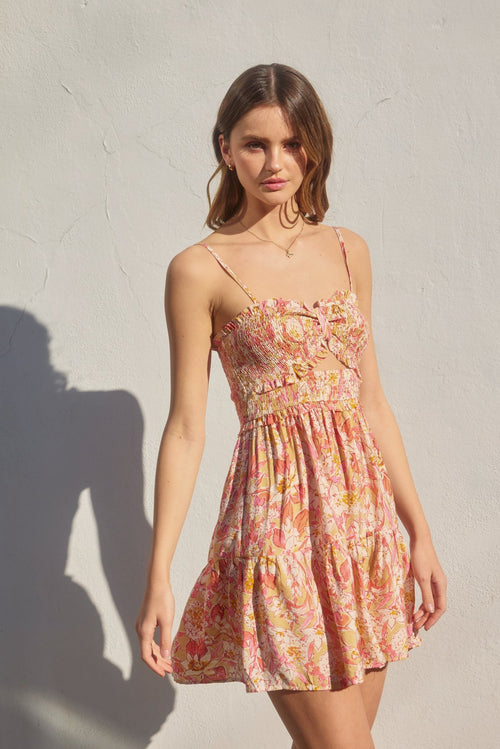 Kara Smocked Floral Print Ruffle Trim Detail Mini Dress - Floral